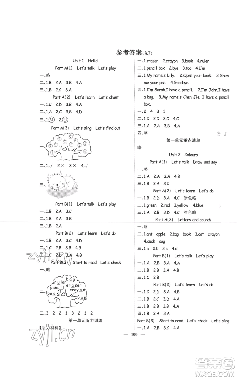 天津科學(xué)技術(shù)出版社2022智慧花朵三年級(jí)上冊(cè)英語(yǔ)人教版參考答案