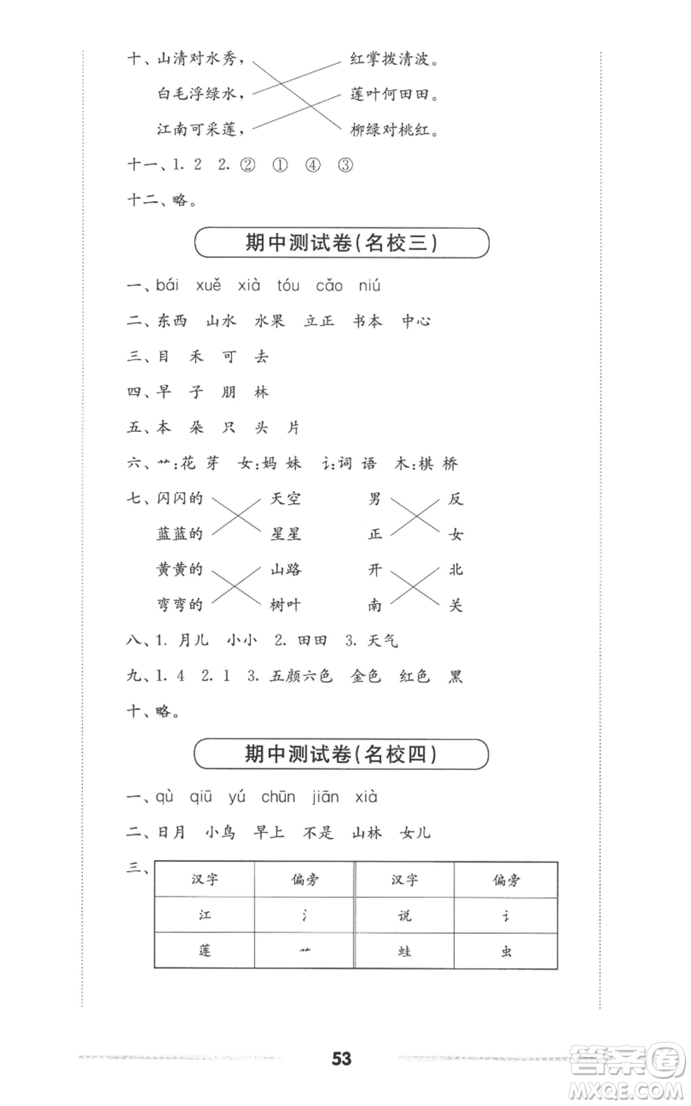 華東師范大學(xué)出版社2022上海名校名卷一年級上冊語文人教版參考答案