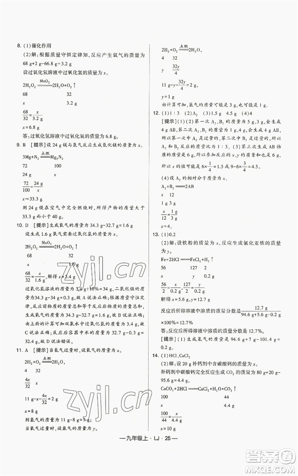 寧夏人民教育出版社2022經(jīng)綸學典學霸題中題九年級上冊化學魯教版參考答案