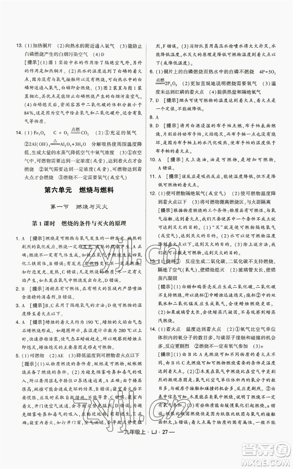 寧夏人民教育出版社2022經(jīng)綸學典學霸題中題九年級上冊化學魯教版參考答案