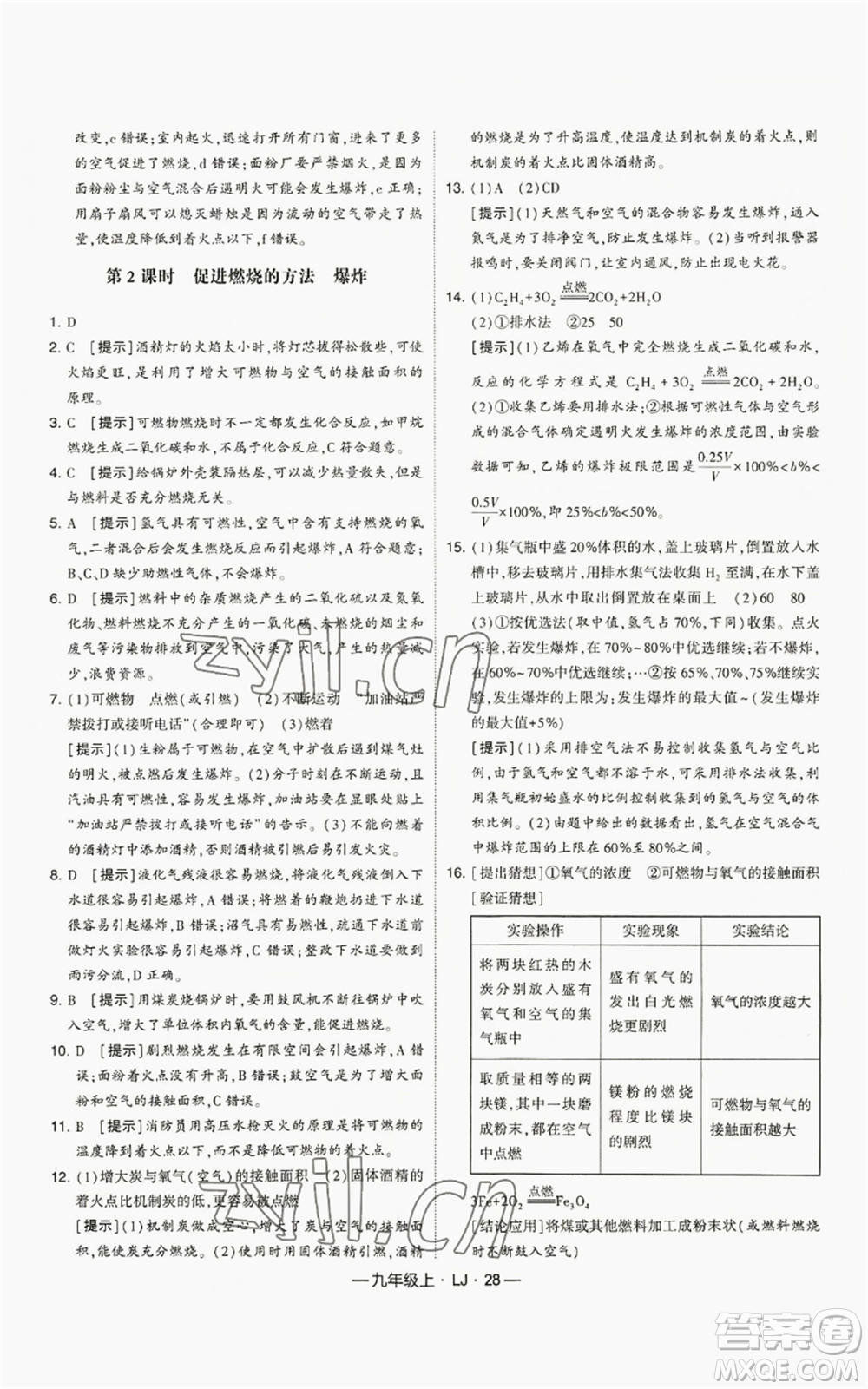 寧夏人民教育出版社2022經(jīng)綸學典學霸題中題九年級上冊化學魯教版參考答案