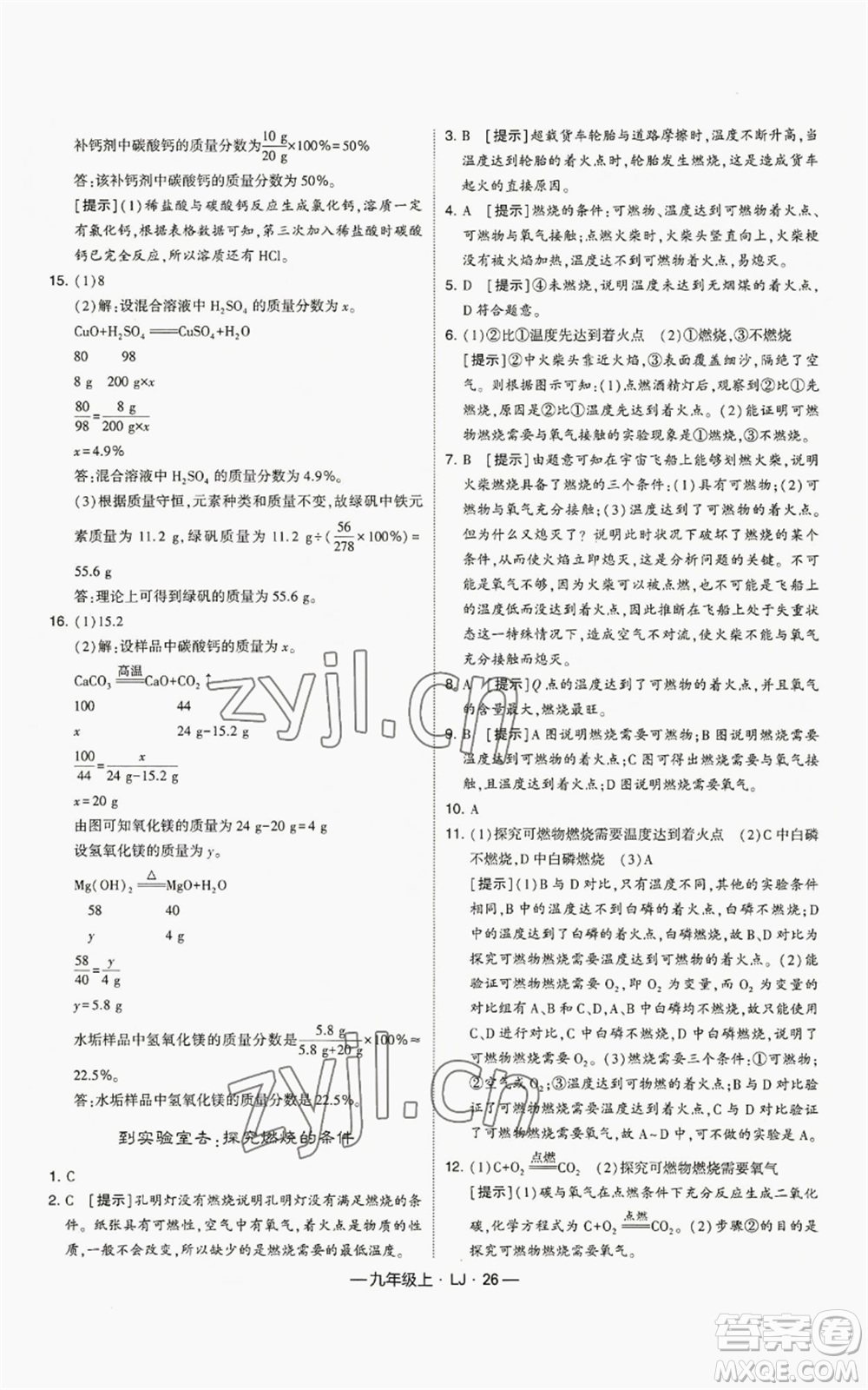 寧夏人民教育出版社2022經(jīng)綸學典學霸題中題九年級上冊化學魯教版參考答案