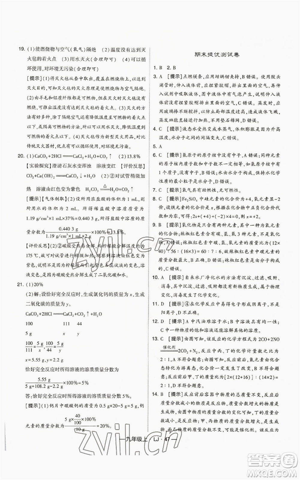 寧夏人民教育出版社2022經(jīng)綸學典學霸題中題九年級上冊化學魯教版參考答案