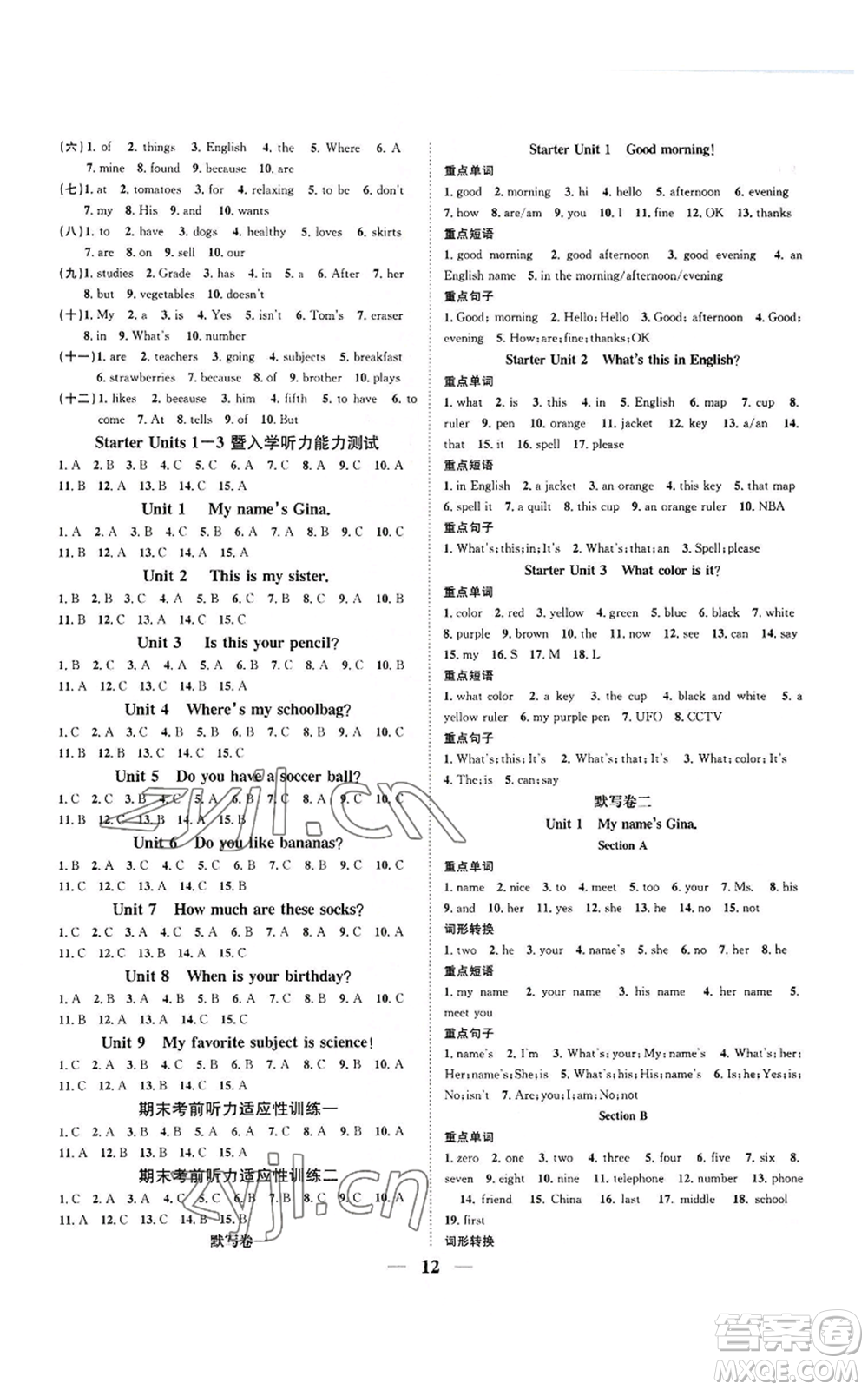 天津科學(xué)技術(shù)出版社2022智慧學(xué)堂核心素養(yǎng)提升法A本七年級(jí)上冊(cè)英語(yǔ)人教版浙江專(zhuān)版參考答案