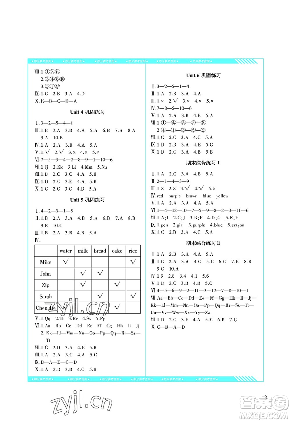 湖南少年兒童出版社2022課程基礎(chǔ)訓(xùn)練三年級英語上冊人教版答案