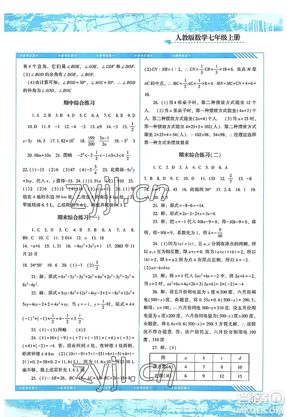 湖南少年兒童出版社2022課程基礎訓練七年級數(shù)學上冊人教版答案