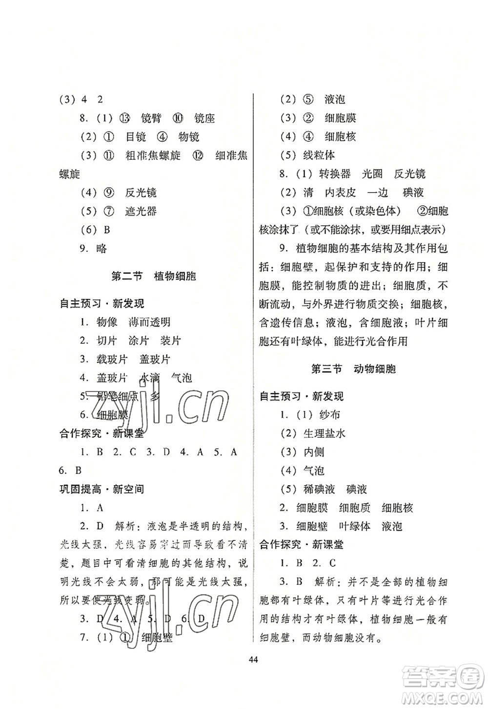 廣東教育出版社2022南方新課堂金牌學案七年級生物上冊人教版答案