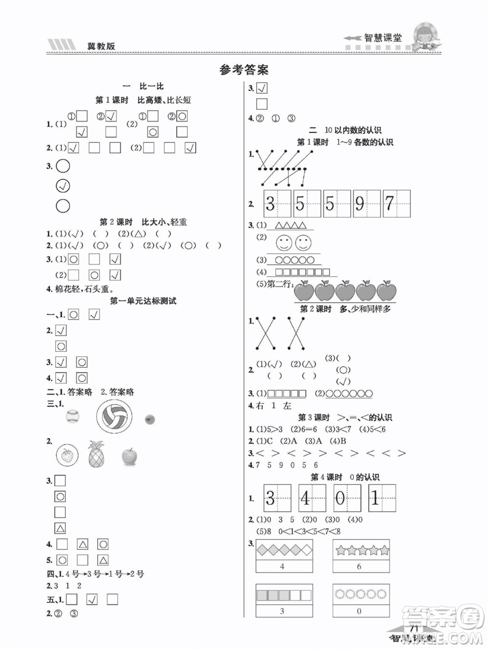 云南科技出版社2022秋智慧課堂同步講練測(cè)數(shù)學(xué)一年級(jí)上冊(cè)JJ冀教版答案