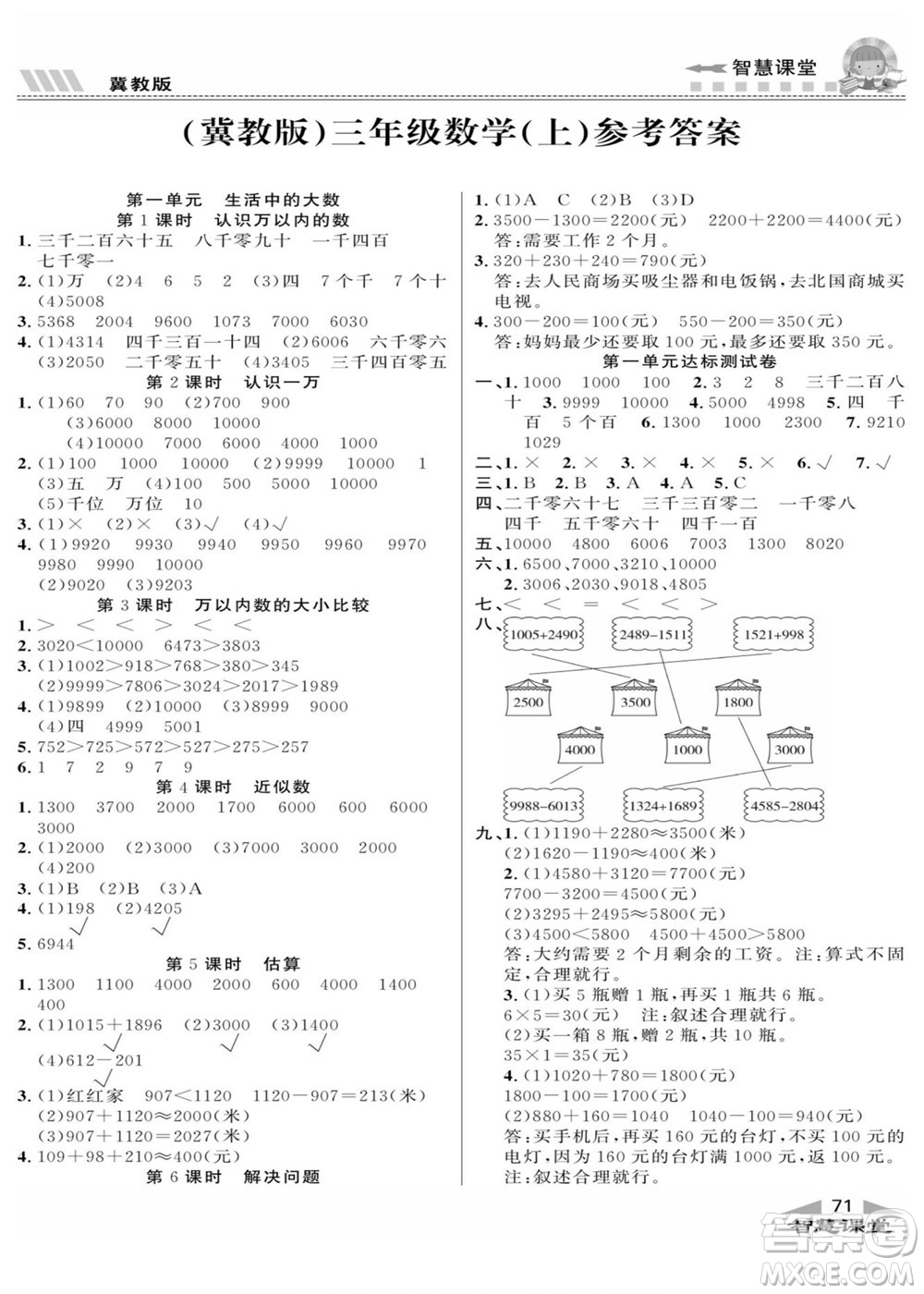 云南科技出版社2022秋智慧課堂同步講練測數(shù)學(xué)三年級上冊JJ冀教版答案