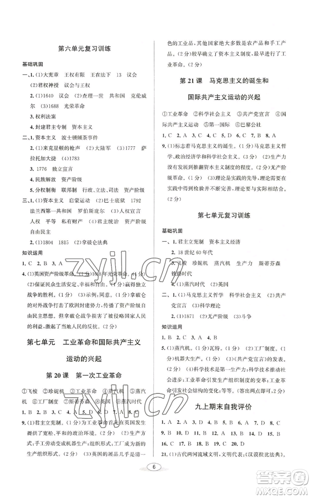 北京教育出版社2022秋季教與學課程同步講練九年級世界歷史人教版參考答案