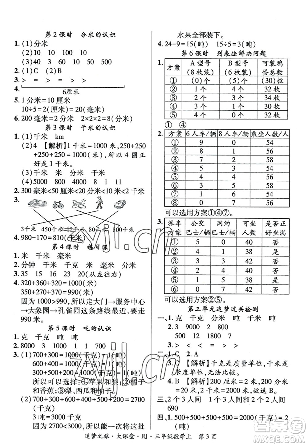 天津科學(xué)技術(shù)出版社2022追夢(mèng)之旅大課堂三年級(jí)數(shù)學(xué)上冊(cè)RJ人教版河南專(zhuān)版答案