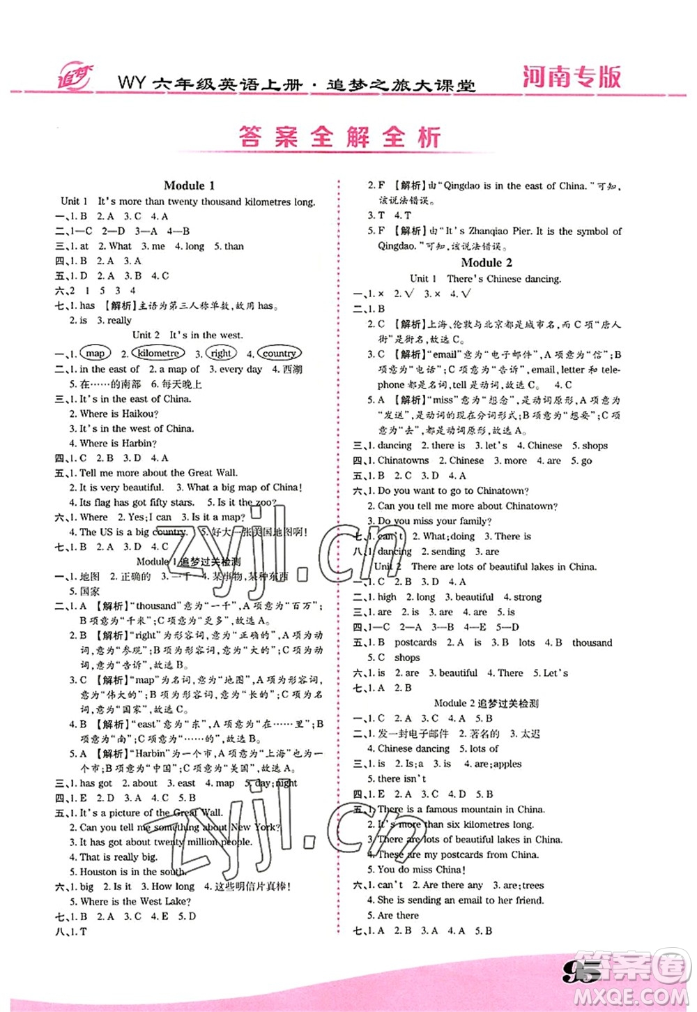 天津科學技術出版社2022追夢之旅大課堂六年級英語上冊WY外研版河南專版答案