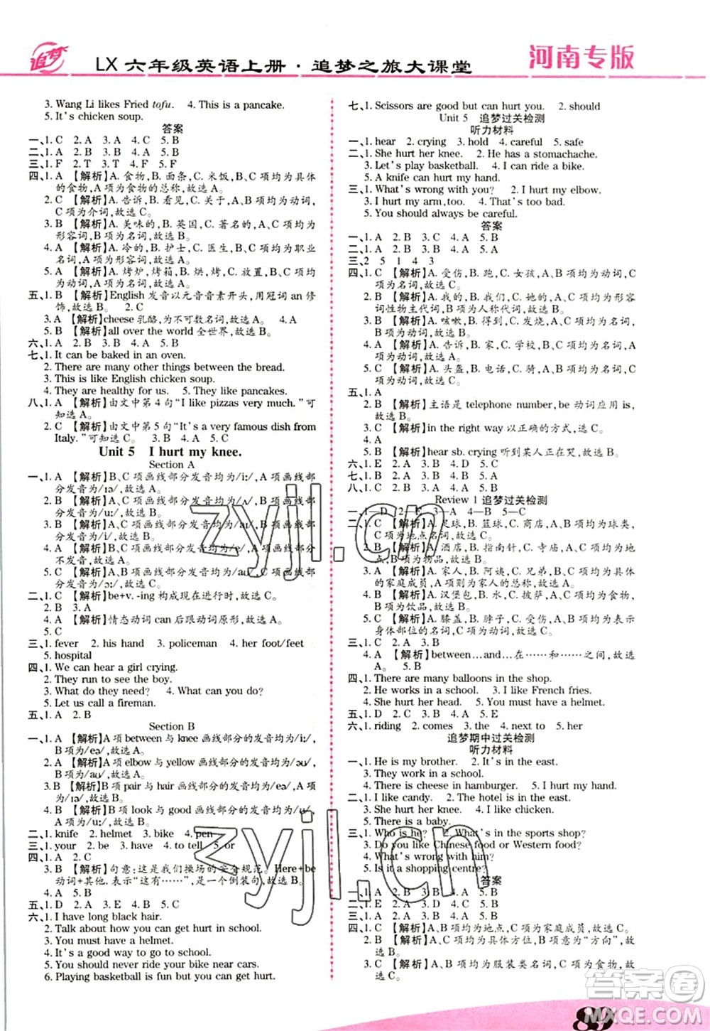 天津科學技術出版社2022追夢之旅大課堂六年級英語上冊LX魯湘版河南專版答案