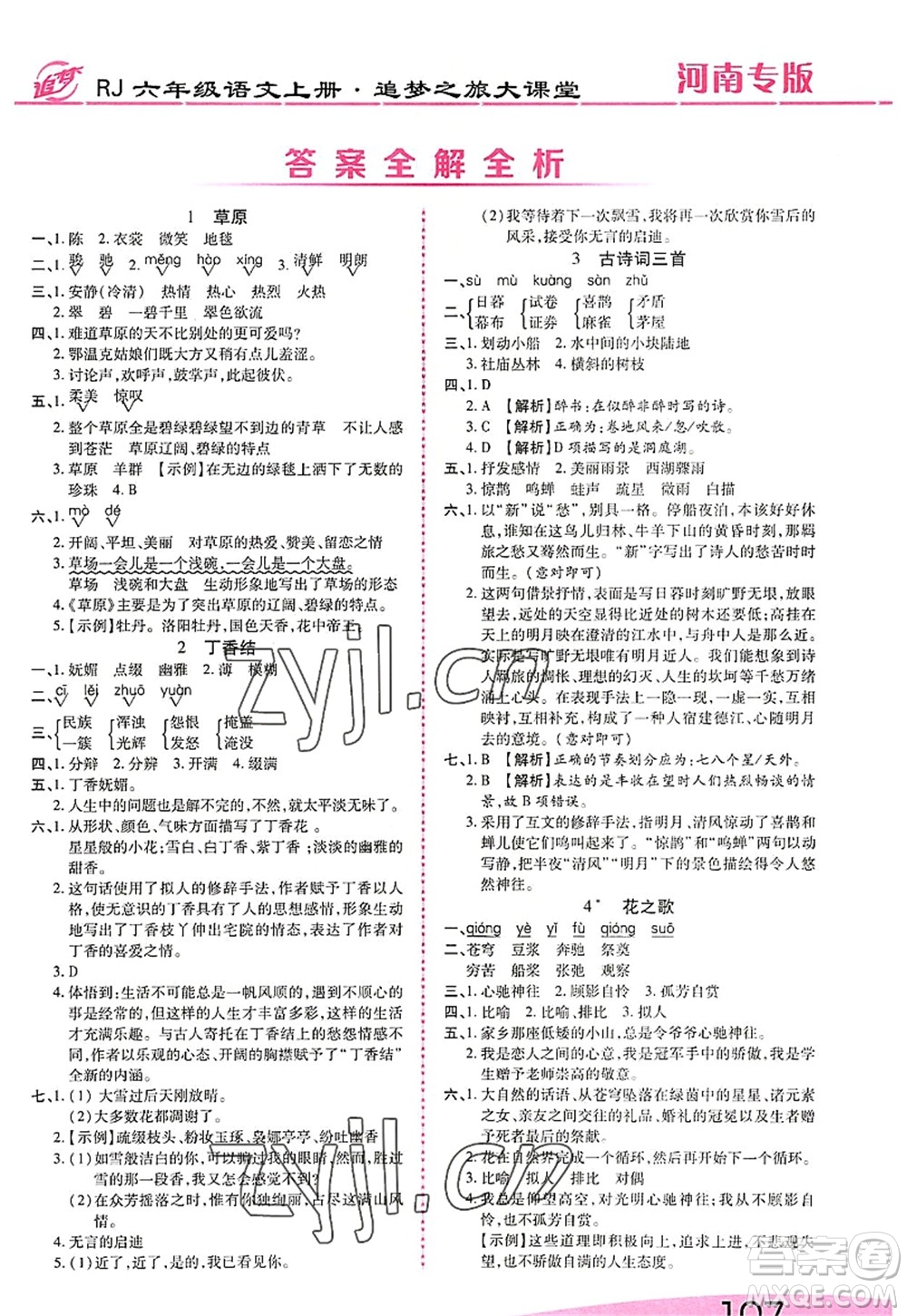 天津科學(xué)技術(shù)出版社2022追夢之旅大課堂六年級語文上冊RJ人教版河南專版答案