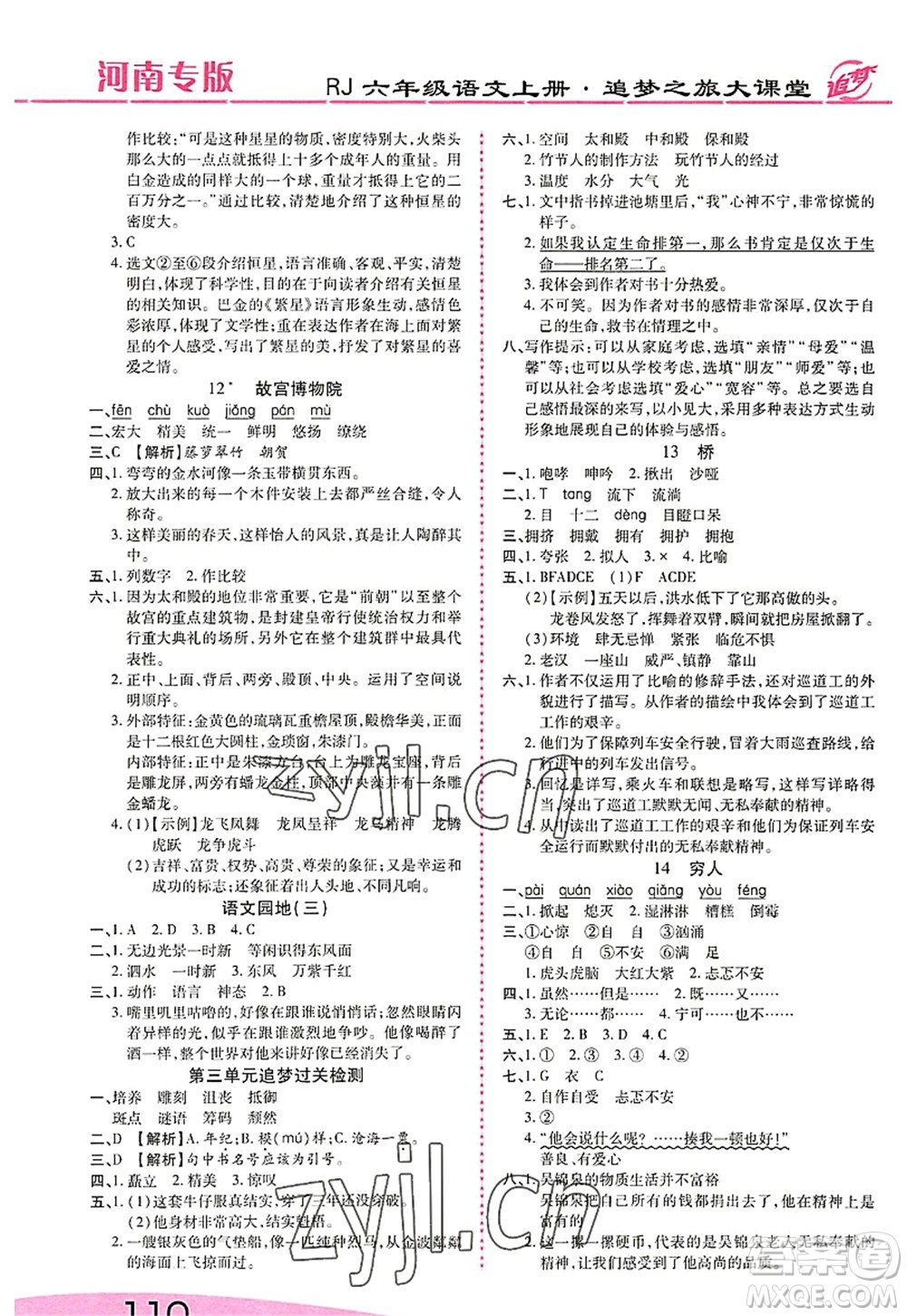 天津科學(xué)技術(shù)出版社2022追夢之旅大課堂六年級語文上冊RJ人教版河南專版答案