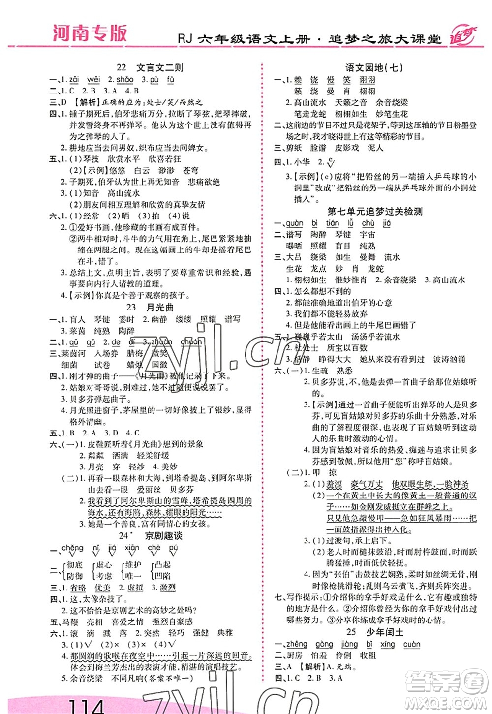 天津科學(xué)技術(shù)出版社2022追夢之旅大課堂六年級語文上冊RJ人教版河南專版答案