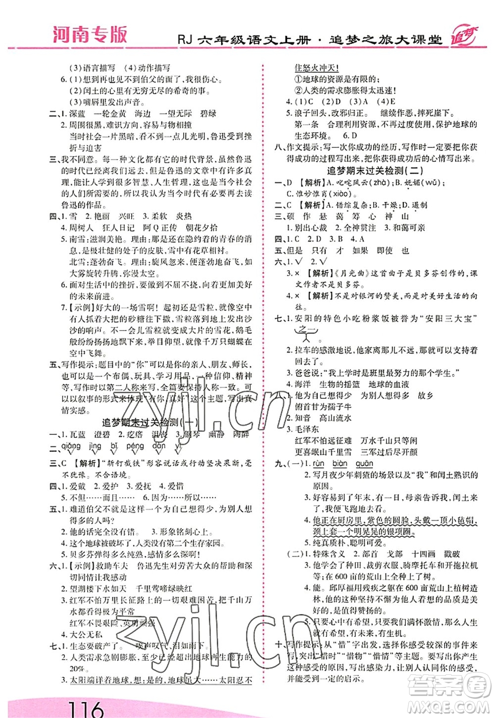 天津科學(xué)技術(shù)出版社2022追夢之旅大課堂六年級語文上冊RJ人教版河南專版答案