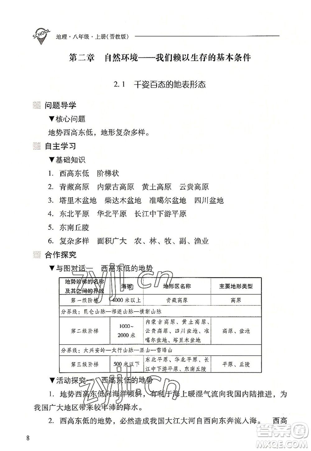 山西教育出版社2022新課程問題解決導(dǎo)學(xué)方案八年級(jí)地理上冊(cè)晉教版答案