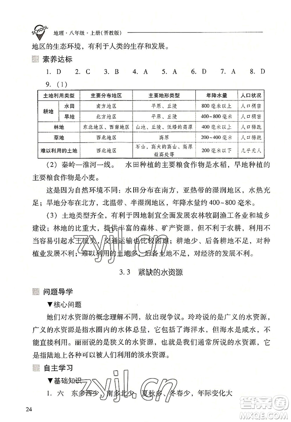 山西教育出版社2022新課程問題解決導(dǎo)學(xué)方案八年級(jí)地理上冊(cè)晉教版答案