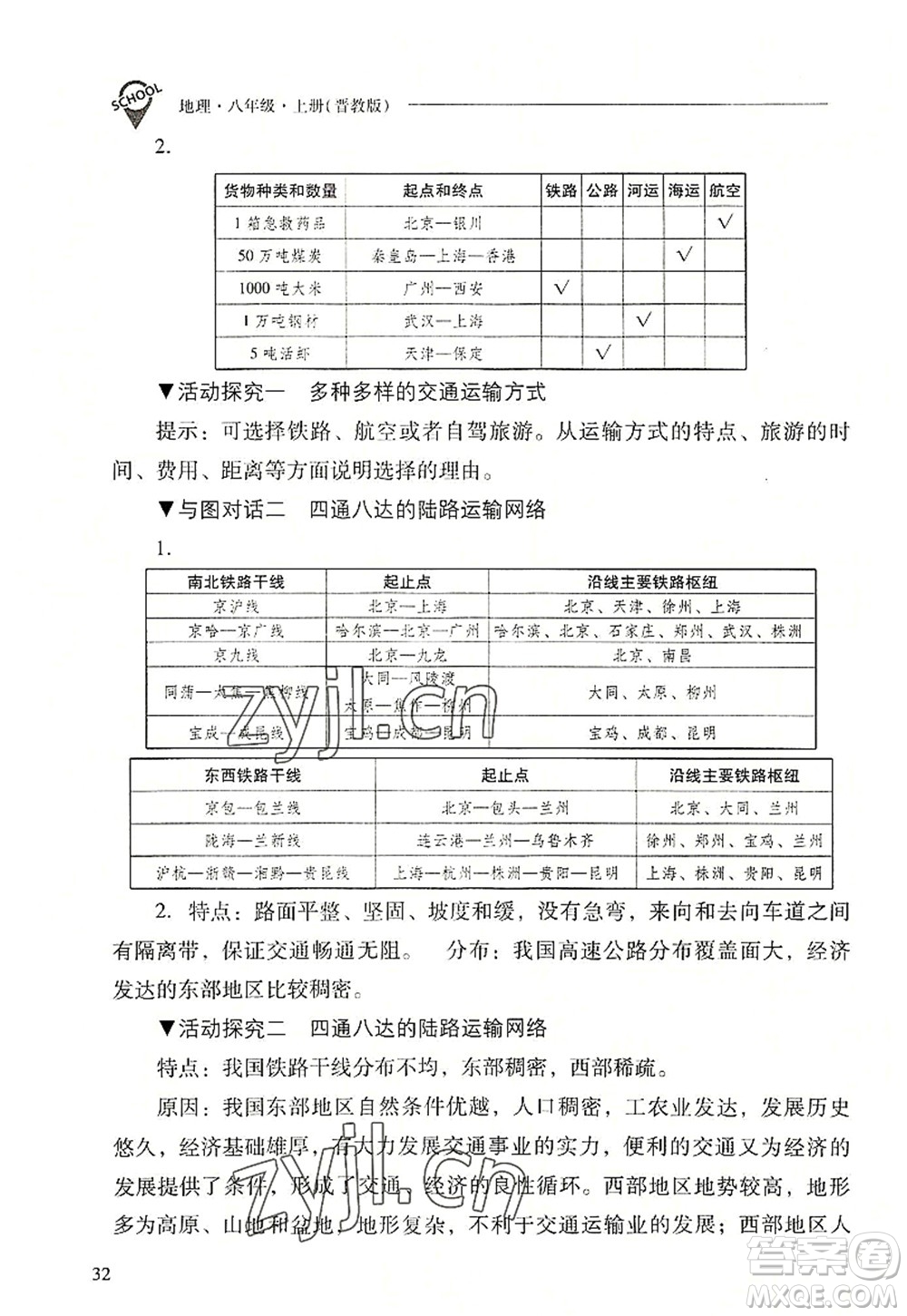 山西教育出版社2022新課程問題解決導(dǎo)學(xué)方案八年級(jí)地理上冊(cè)晉教版答案