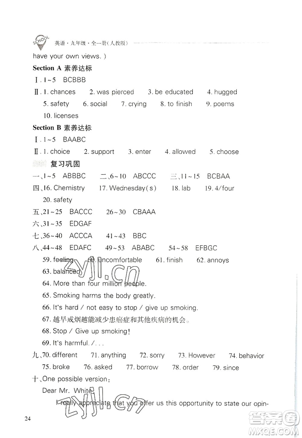 山西教育出版社2022新課程問題解決導學方案九年級英語全一冊人教版答案