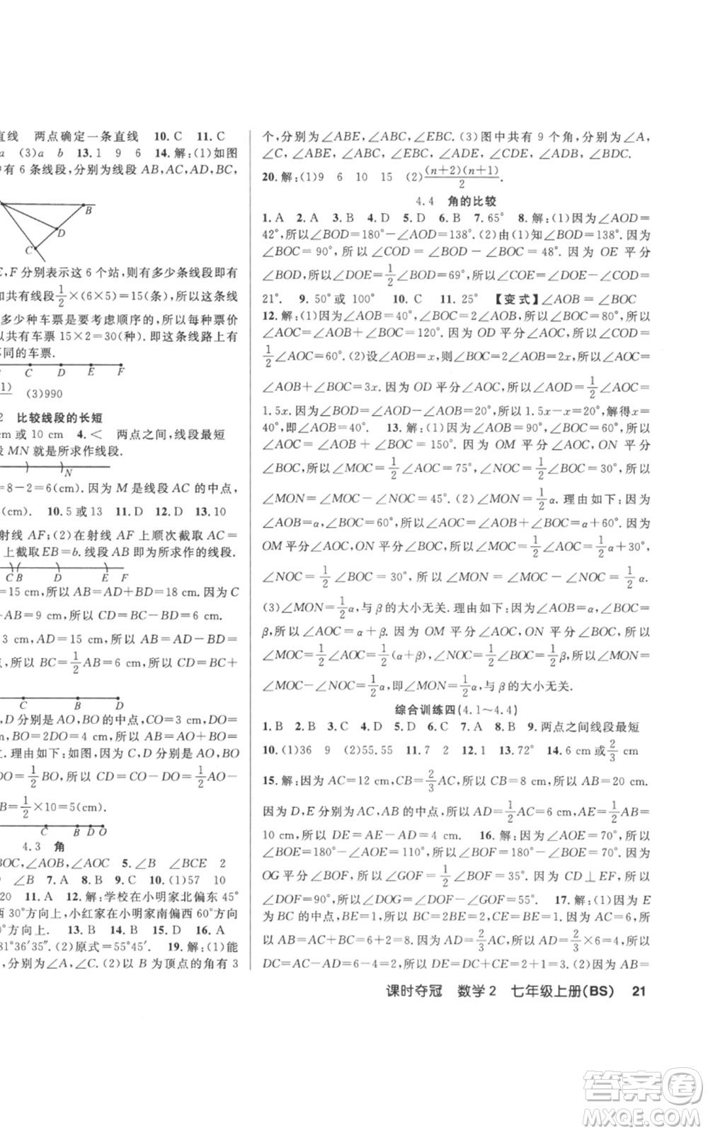 新疆科學技術(shù)出版社2022秋季課時奪冠七年級上冊數(shù)學北師大版參考答案