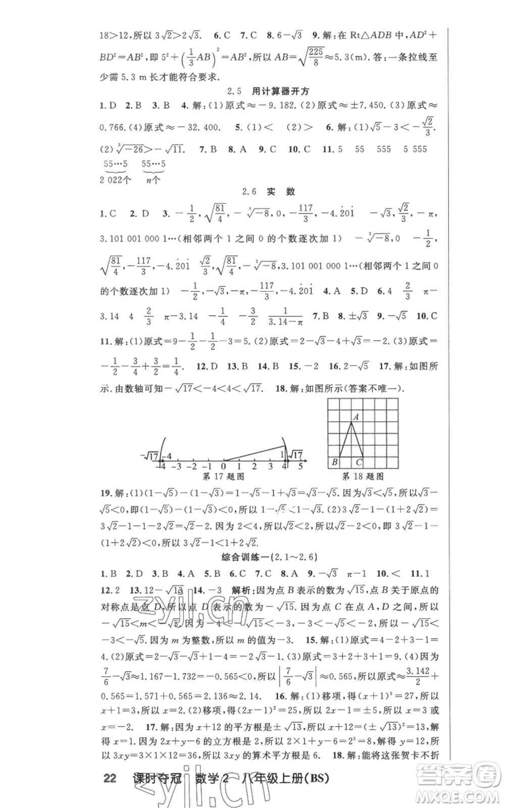 新疆科學技術(shù)出版社2022秋季課時奪冠八年級上冊數(shù)學北師大版參考答案