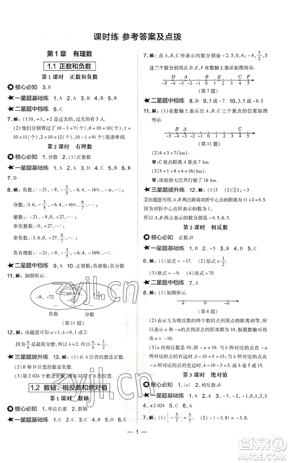 山西教育出版社2022秋季點(diǎn)撥訓(xùn)練七年級(jí)上冊(cè)數(shù)學(xué)滬科版安徽專(zhuān)用參考答案