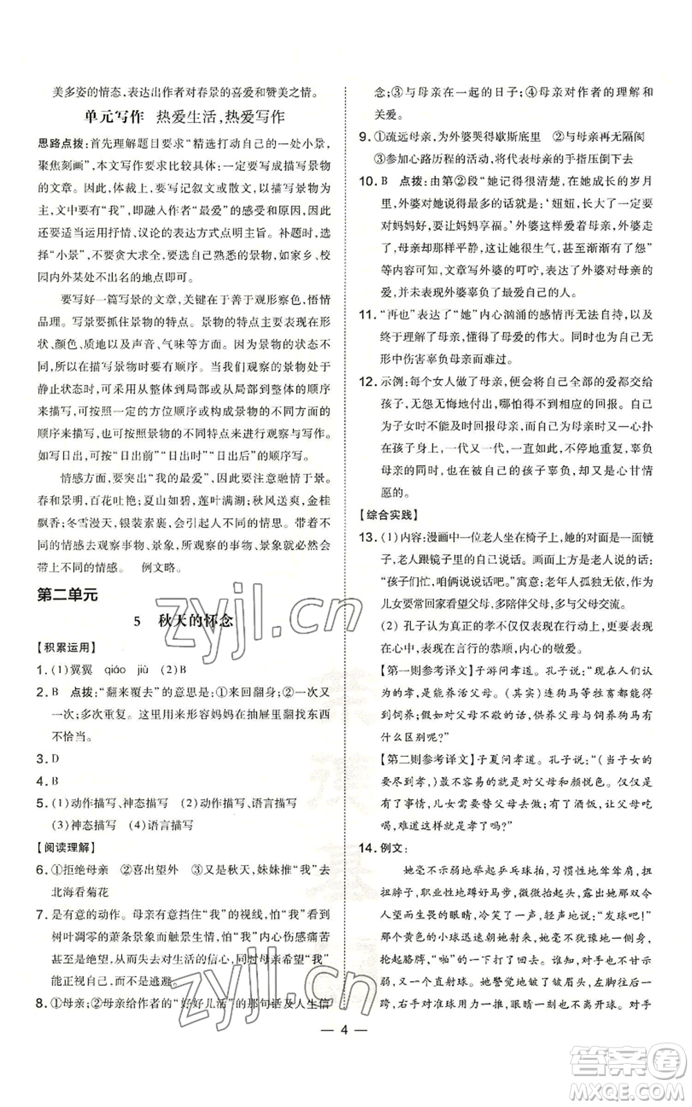 吉林教育出版社2022秋季點(diǎn)撥訓(xùn)練七年級(jí)上冊(cè)語(yǔ)文人教版參考答案