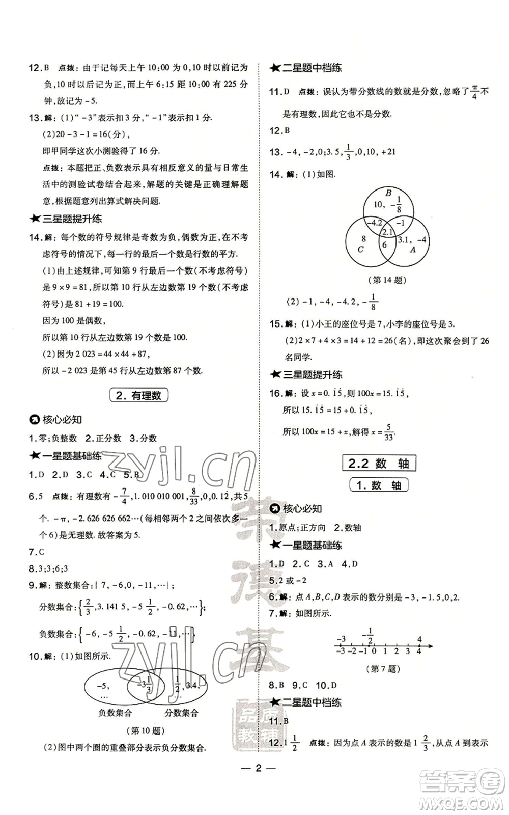 山西教育出版社2022秋季點撥訓(xùn)練七年級上冊數(shù)學(xué)華師大版參考答案