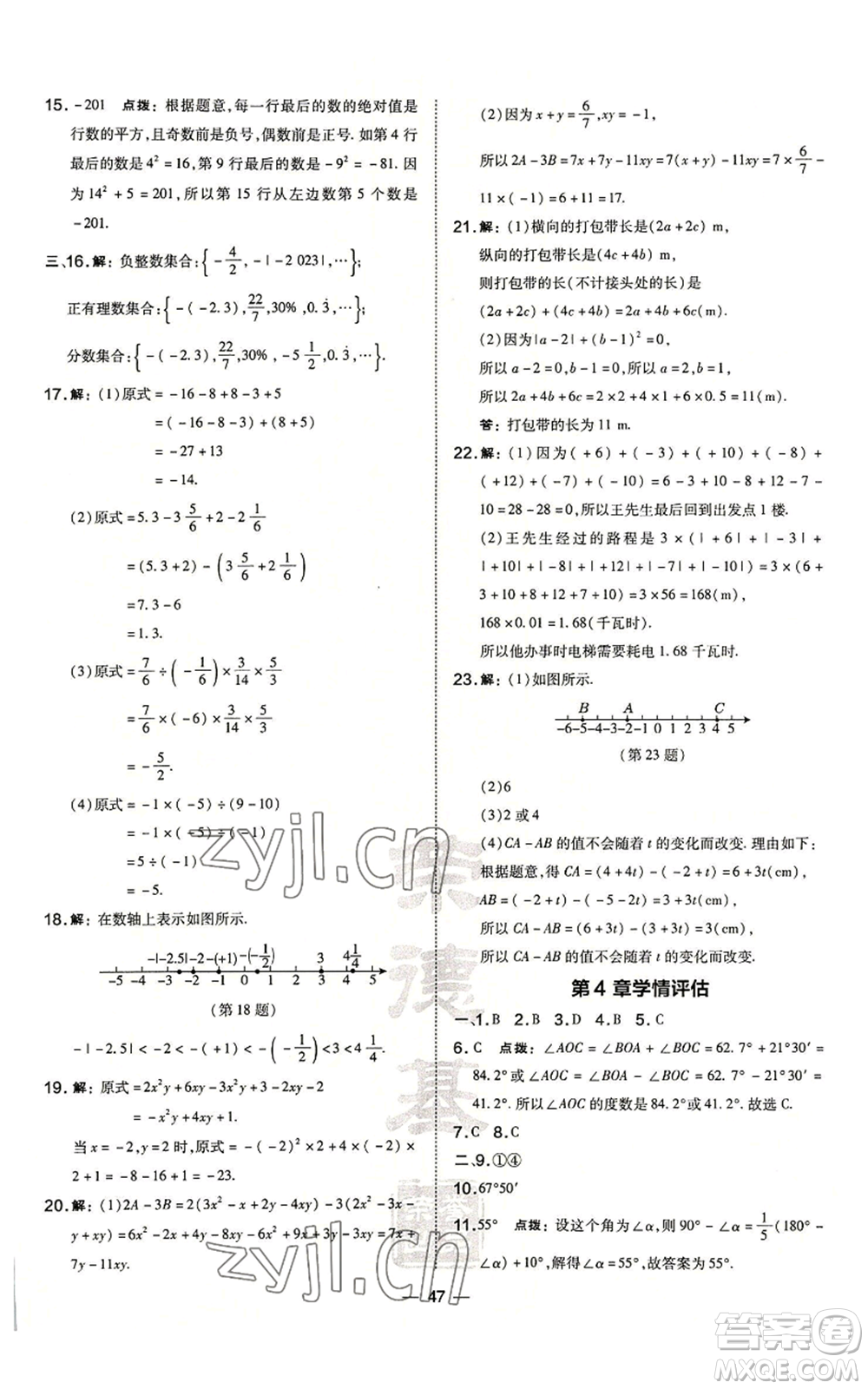 山西教育出版社2022秋季點撥訓(xùn)練七年級上冊數(shù)學(xué)華師大版參考答案