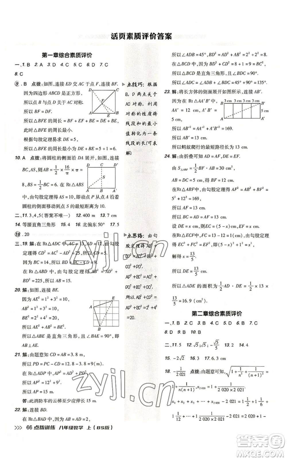 安徽教育出版社2022秋季點(diǎn)撥訓(xùn)練八年級上冊數(shù)學(xué)北師大版參考答案