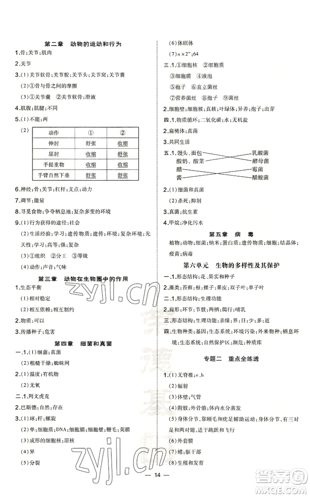 吉林教育出版社2022秋季點撥訓練八年級上冊生物人教版參考答案