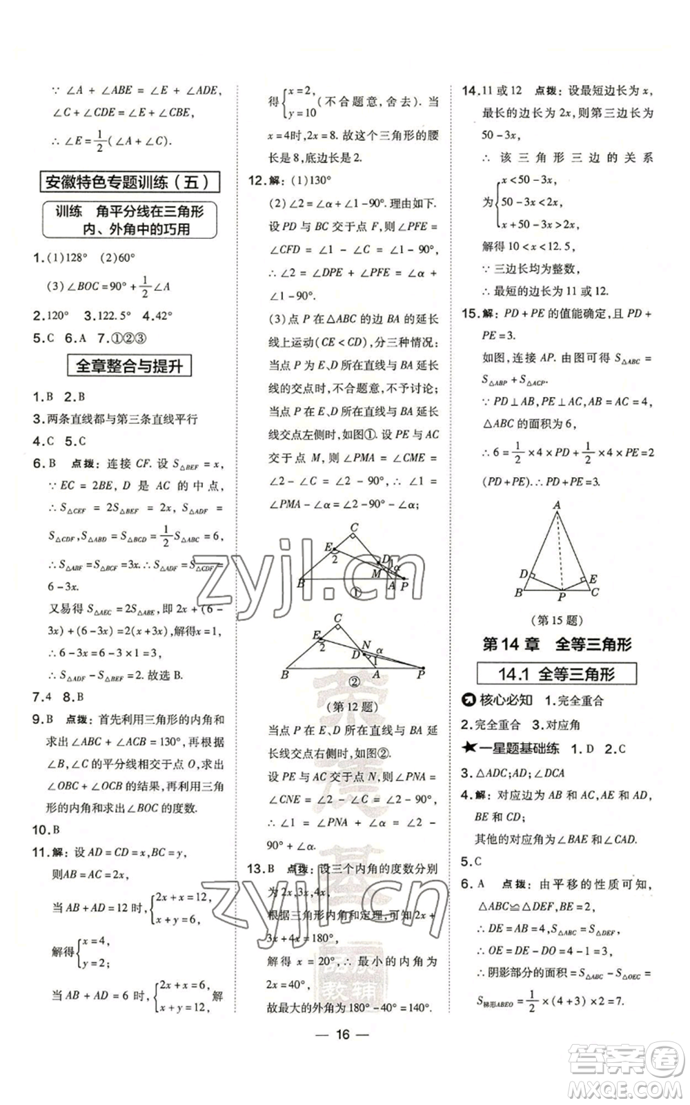 山西教育出版社2022秋季點(diǎn)撥訓(xùn)練八年級(jí)上冊(cè)數(shù)學(xué)滬科版安徽專(zhuān)用參考答案