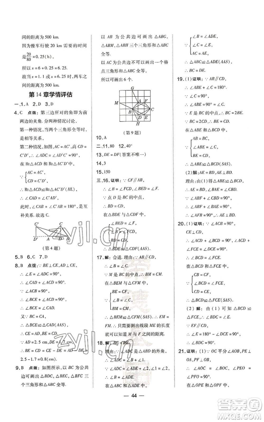 山西教育出版社2022秋季點(diǎn)撥訓(xùn)練八年級(jí)上冊(cè)數(shù)學(xué)滬科版安徽專(zhuān)用參考答案