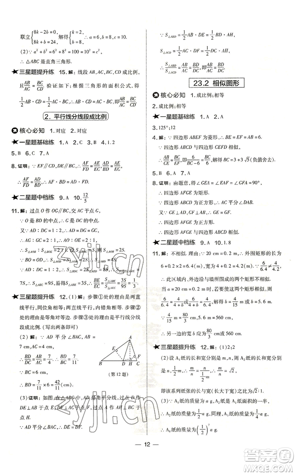 山西教育出版社2022秋季點撥訓練九年級上冊數(shù)學華師大版參考答案