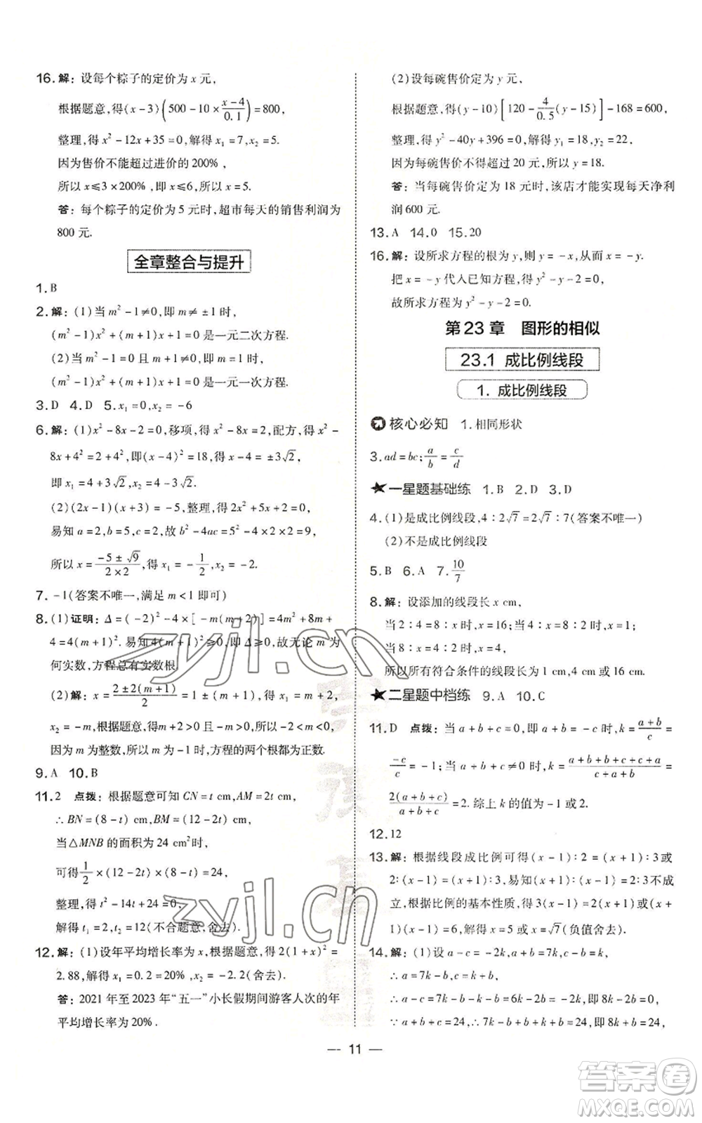 山西教育出版社2022秋季點撥訓練九年級上冊數(shù)學華師大版參考答案