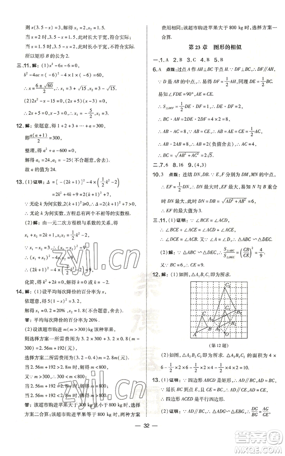 山西教育出版社2022秋季點撥訓練九年級上冊數(shù)學華師大版參考答案