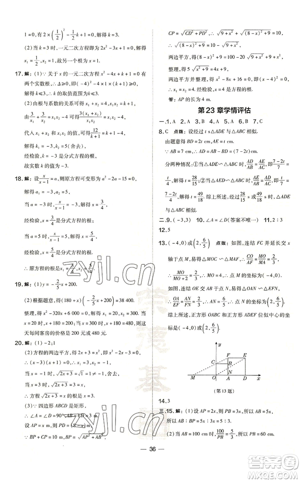 山西教育出版社2022秋季點撥訓練九年級上冊數(shù)學華師大版參考答案