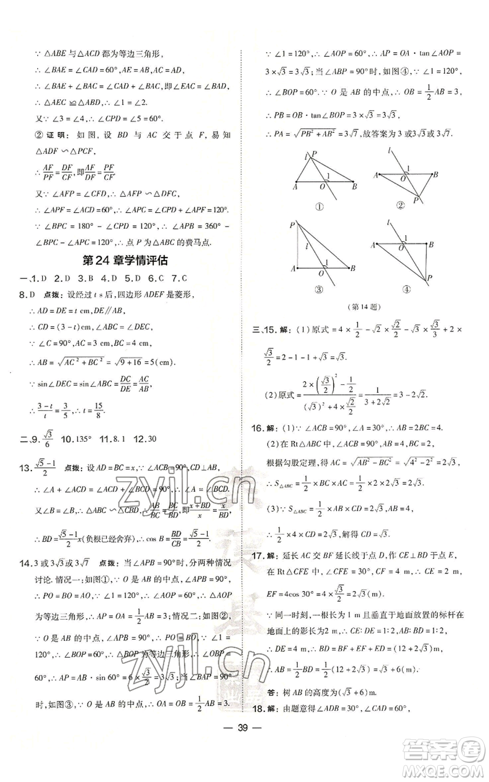 山西教育出版社2022秋季點撥訓練九年級上冊數(shù)學華師大版參考答案