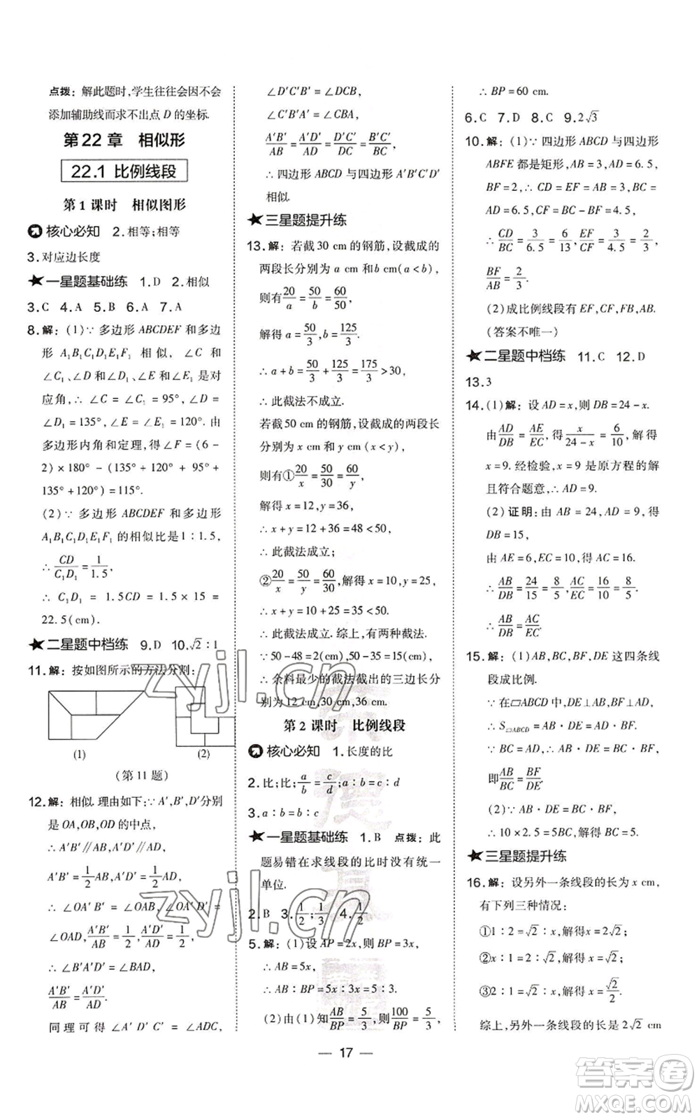 山西教育出版社2022秋季點(diǎn)撥訓(xùn)練九年級上冊數(shù)學(xué)滬科版安徽專用參考答案