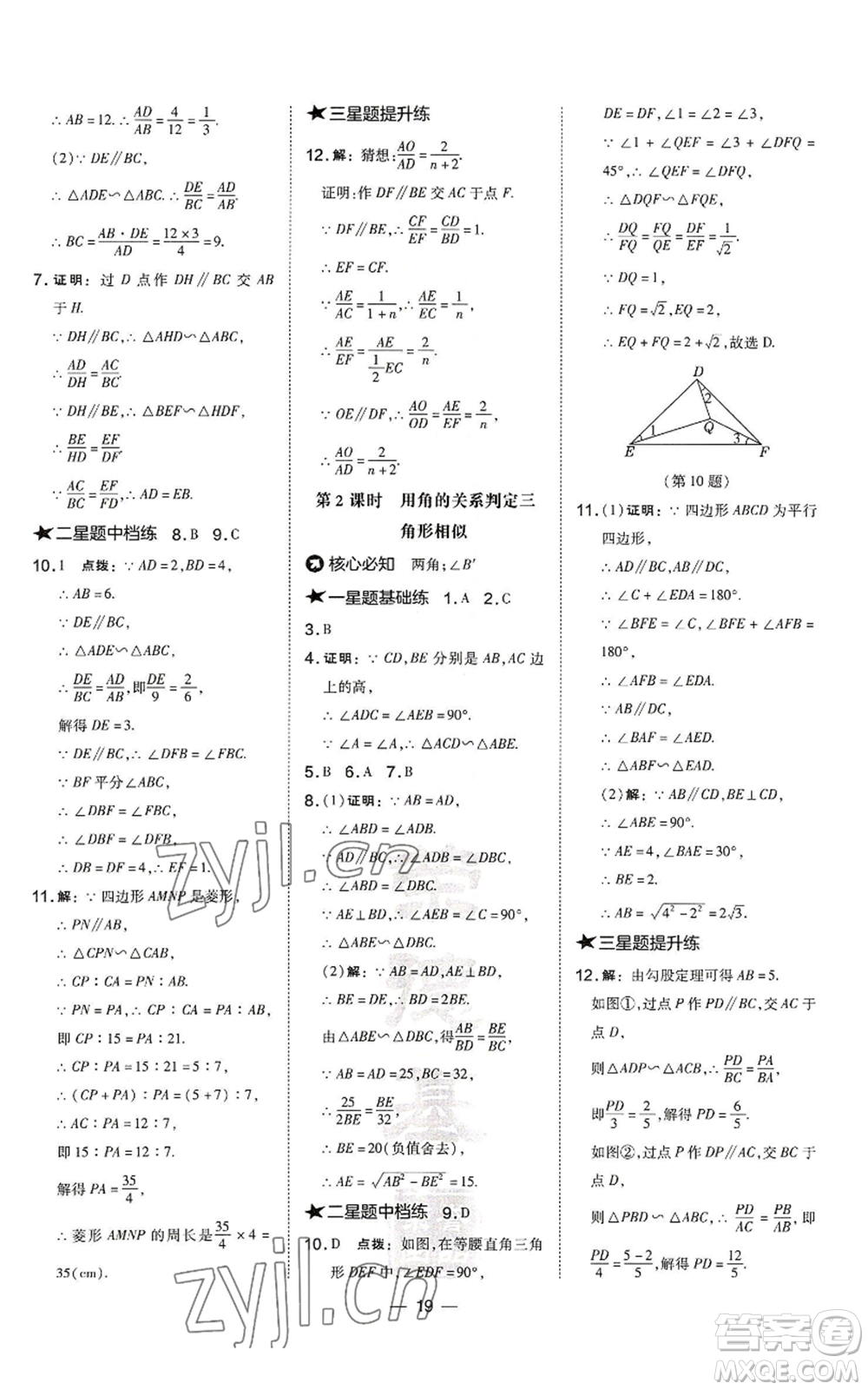 山西教育出版社2022秋季點(diǎn)撥訓(xùn)練九年級上冊數(shù)學(xué)滬科版安徽專用參考答案