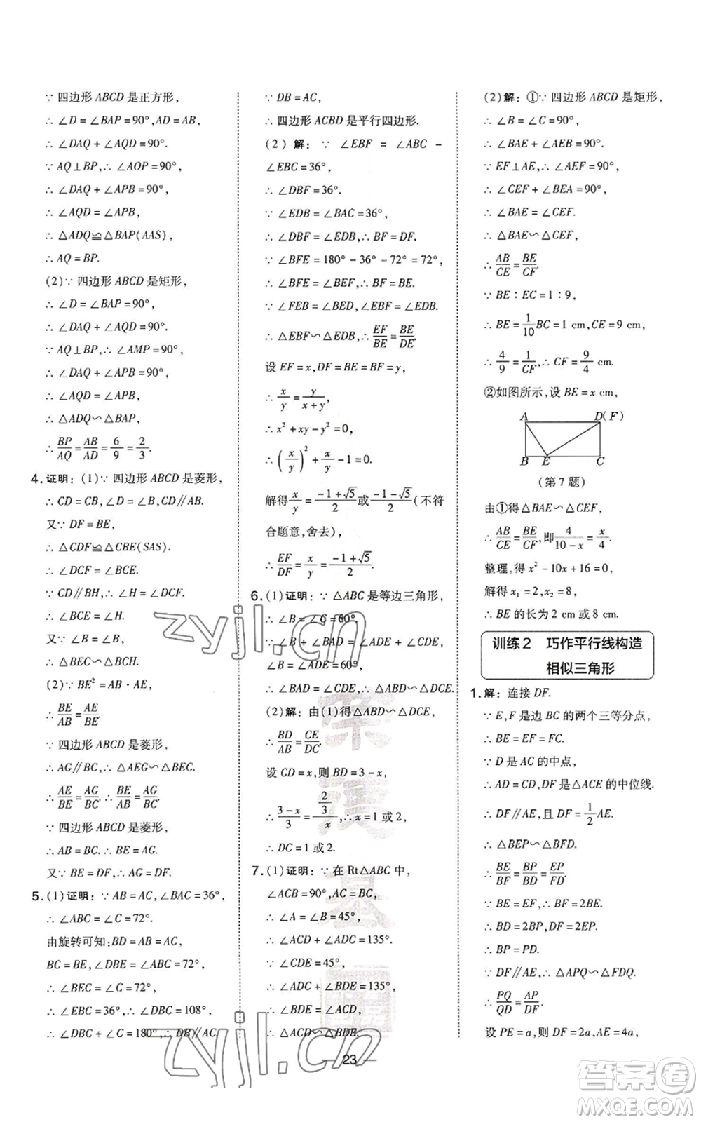 山西教育出版社2022秋季點(diǎn)撥訓(xùn)練九年級上冊數(shù)學(xué)滬科版安徽專用參考答案