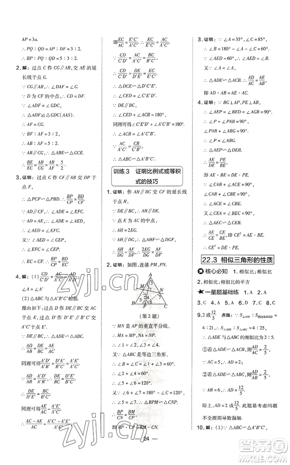 山西教育出版社2022秋季點(diǎn)撥訓(xùn)練九年級上冊數(shù)學(xué)滬科版安徽專用參考答案