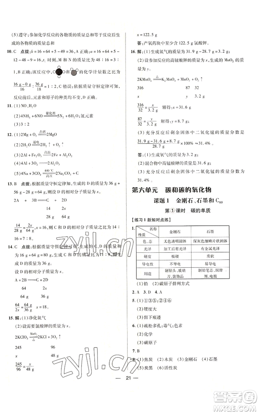 吉林教育出版社2022秋季點(diǎn)撥訓(xùn)練九年級(jí)上冊(cè)化學(xué)人教版參考答案