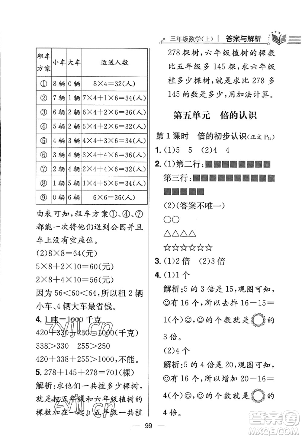 陜西人民教育出版社2022小學教材全練三年級數(shù)學上冊RJ人教版答案