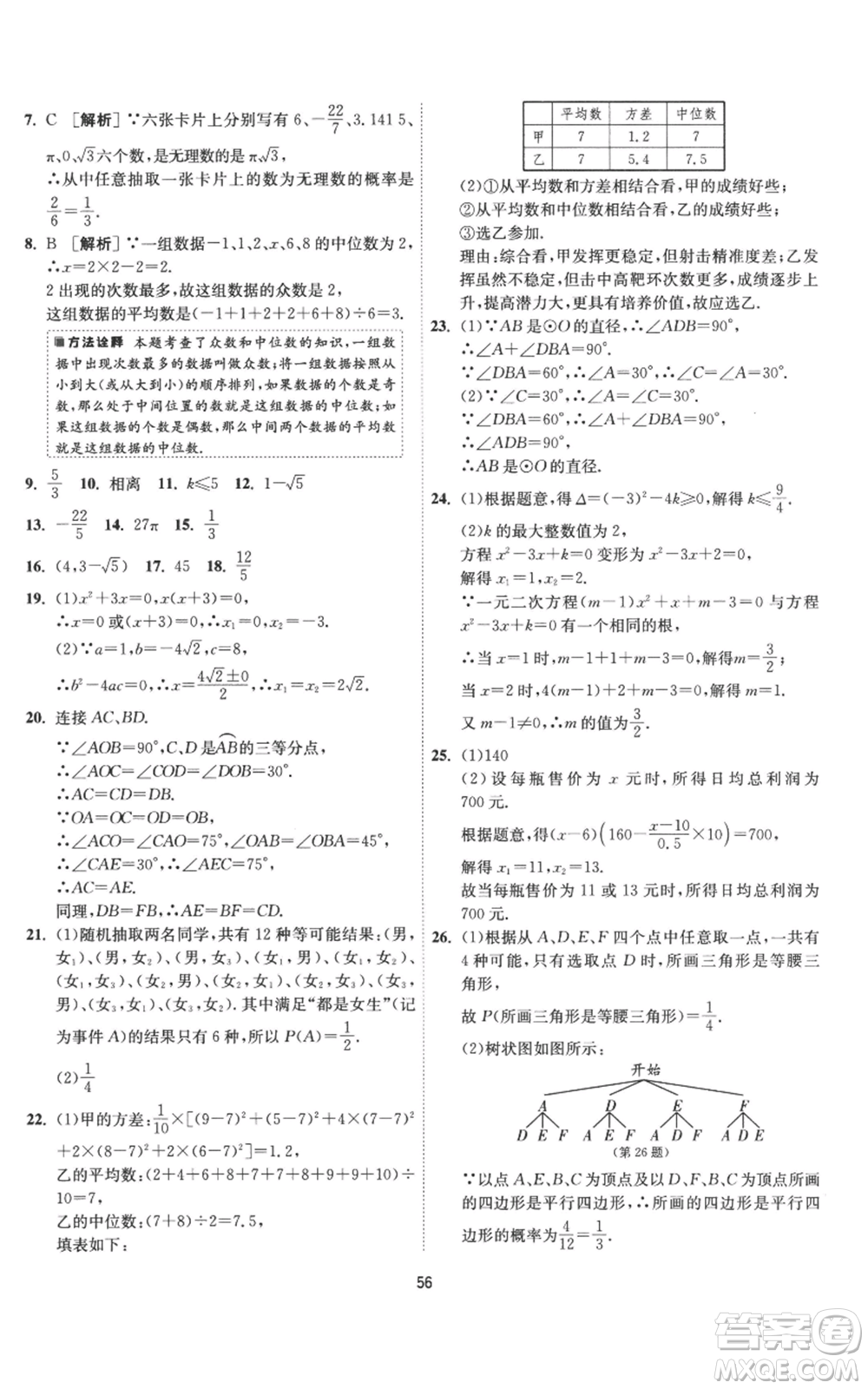 江蘇人民出版社2022秋季1課3練單元達(dá)標(biāo)測(cè)試九年級(jí)上冊(cè)數(shù)學(xué)蘇科版參考答案