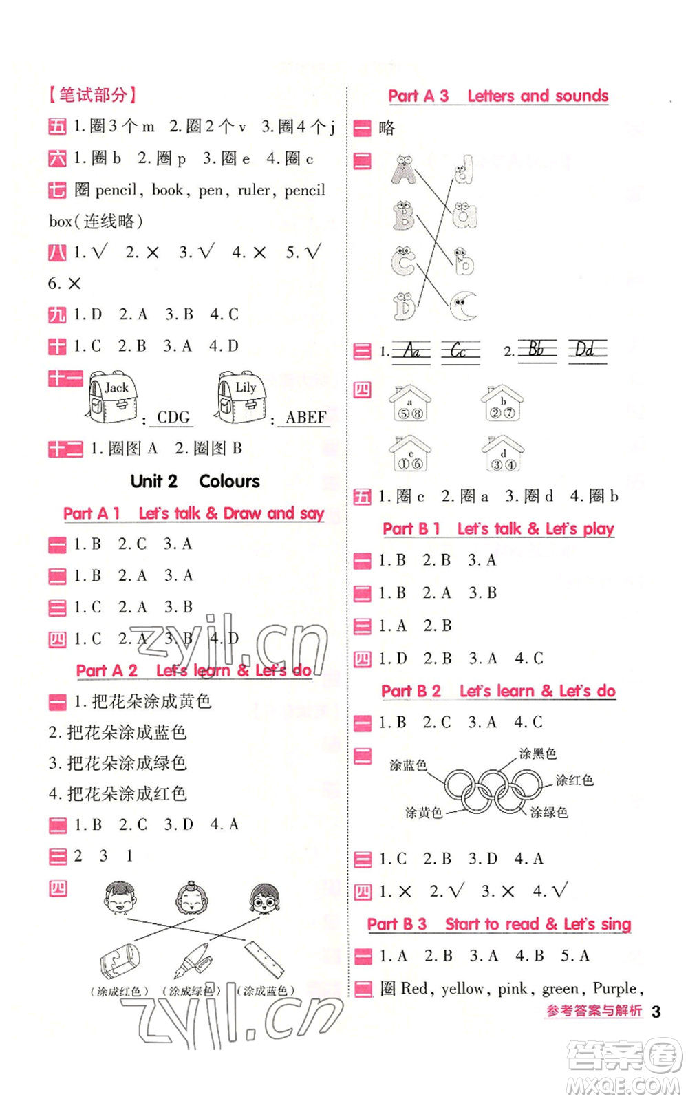 南京師范大學(xué)出版社2022秋季一遍過三年級上冊英語人教版參考答案