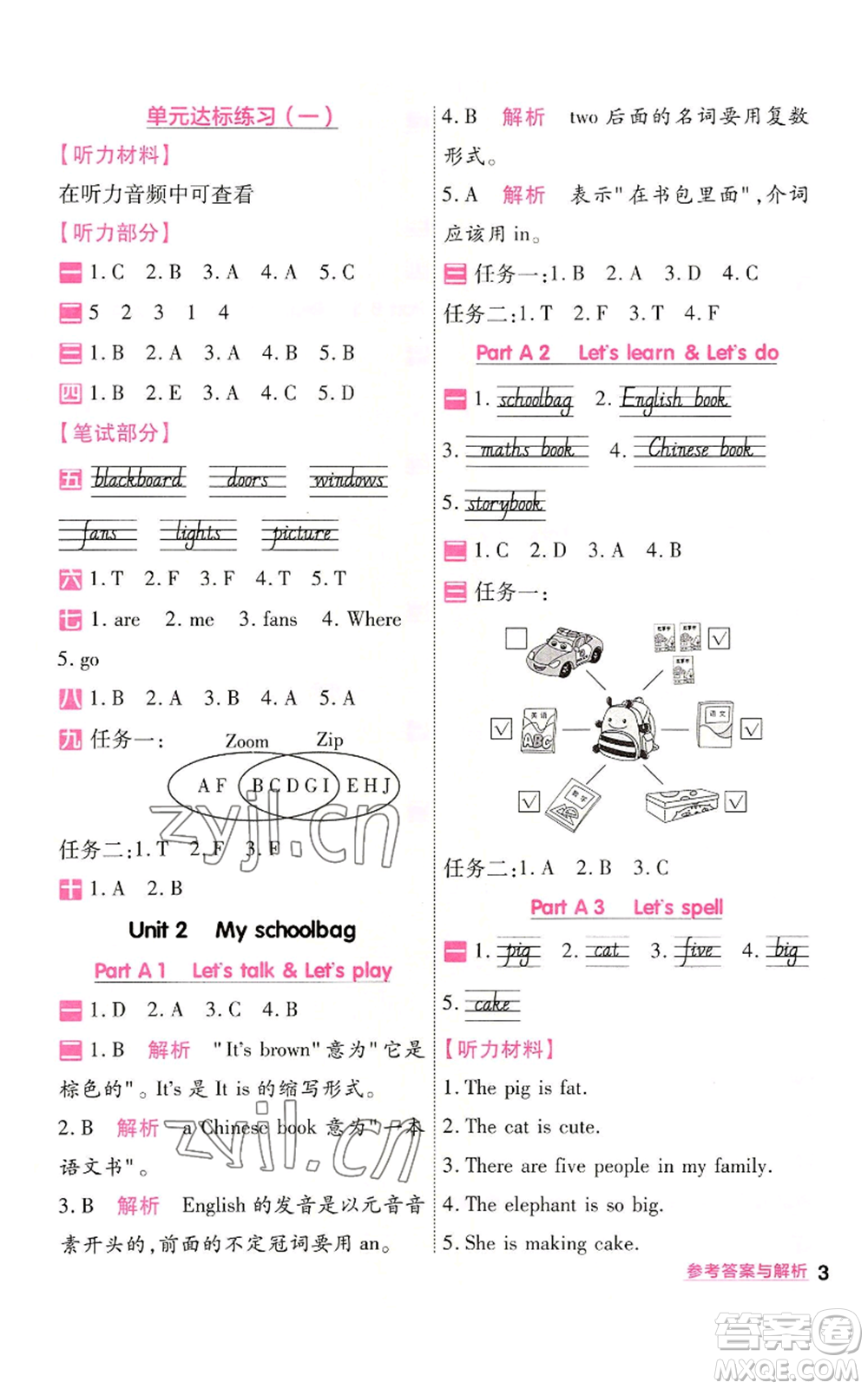 南京師范大學(xué)出版社2022秋季一遍過四年級(jí)上冊(cè)英語人教版參考答案