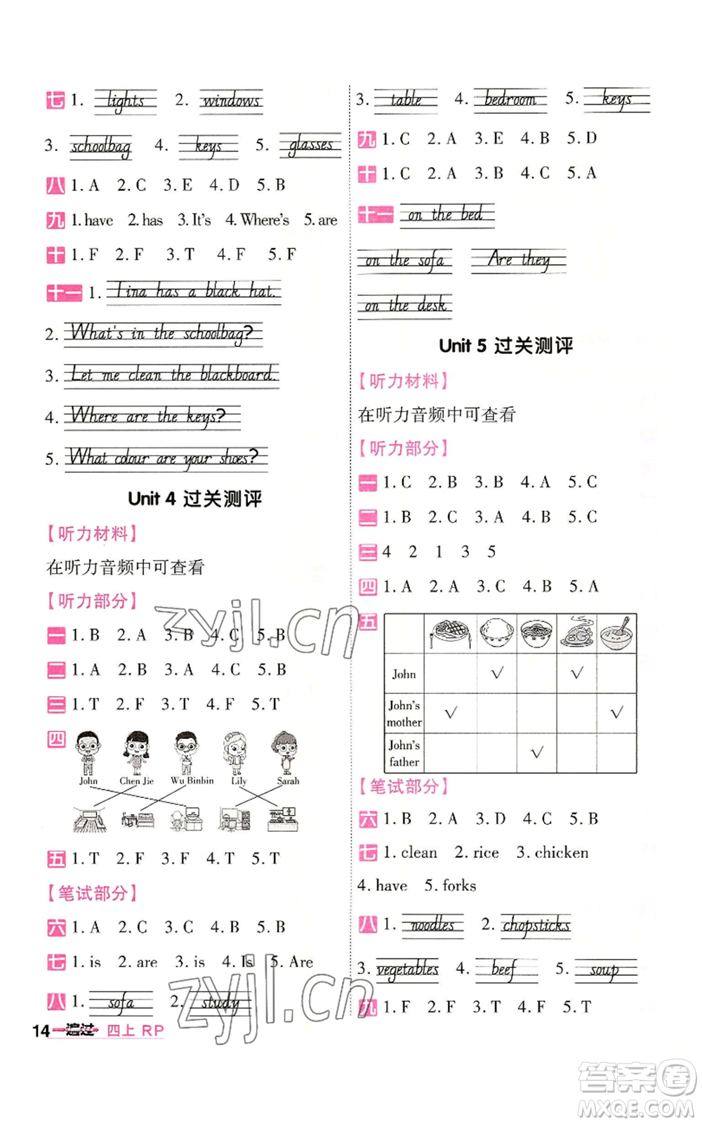 南京師范大學(xué)出版社2022秋季一遍過四年級(jí)上冊(cè)英語人教版參考答案